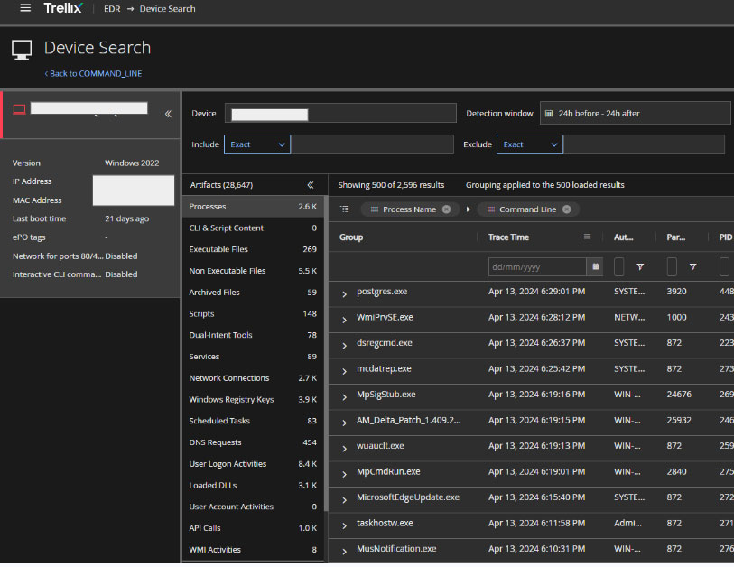 Ảnh chụp màn hình của Trellix EDR – Tìm kiếm thiết bị: Nhật ký các hoạt động.